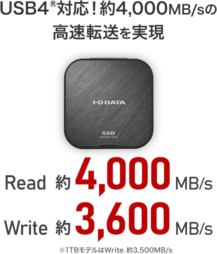 IODATA 外付け SSD USB4 対応 1TB ポータブル USB Type-C 高速転送 最大読込速度 4000MB/秒 ファンレス 映像制作 編集 撮影 vlog スマホ 容量 Time Machine【iPhone/iPad/Android/Windows/Mac/Chrome】日本メーカー R-SSPT-UF1/E
