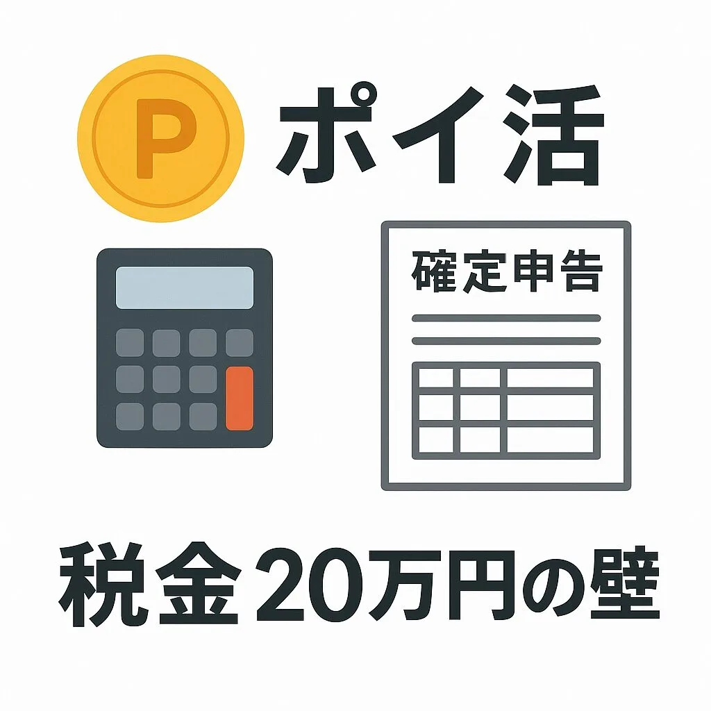 ポイントのアイコン、電卓、確定申告書類が描かれた画像。「ポイ活 税金 20万円の壁」の文字入り。