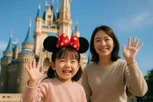 【4歳/90cm】ディズニーランドのシンデレラ城前でミッキーカチューシャをつけて笑顔で手を振る子供と親御さんの写真。