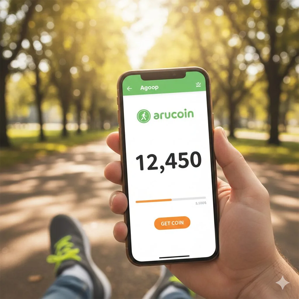 アルコインの画面イメージ。歩いて稼ぐポイ活アプリのロゴとスマートフォンで歩数がカウントされている様子。