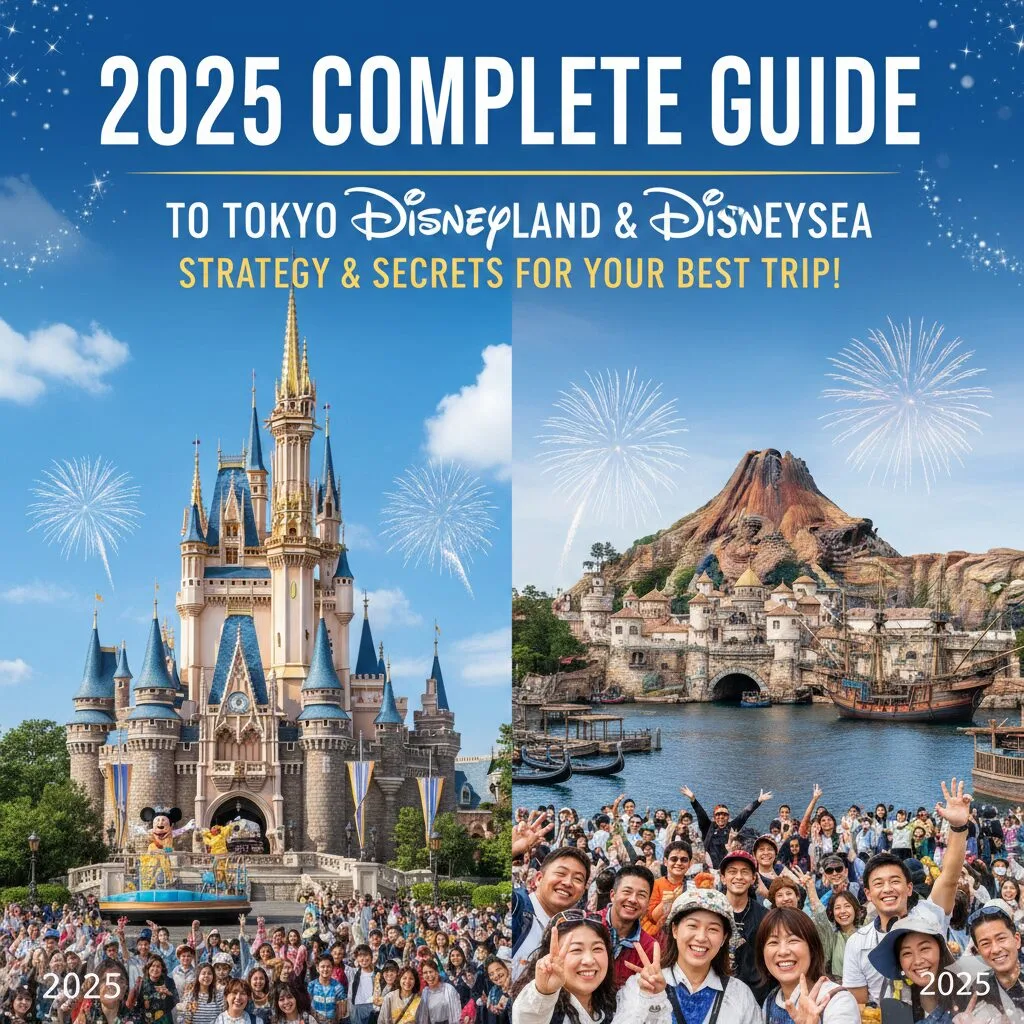 ディズニーランドとディズニーシーのシンボル（城と火山）を背景にした2025年攻略ガイドの画像