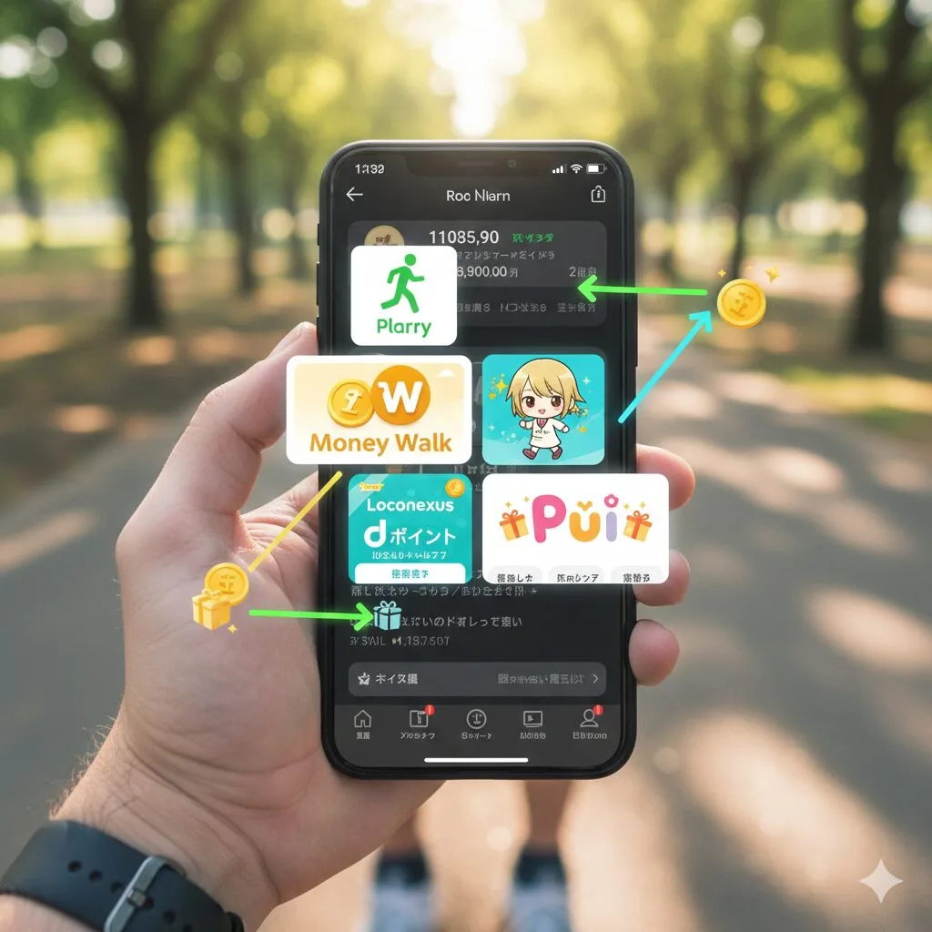 プラリー、Money Walk、ロコネなど4つのポイ活アプリのロゴがスマートフォンに表示されている様子。併用してポイントを二重取りするイメージ。