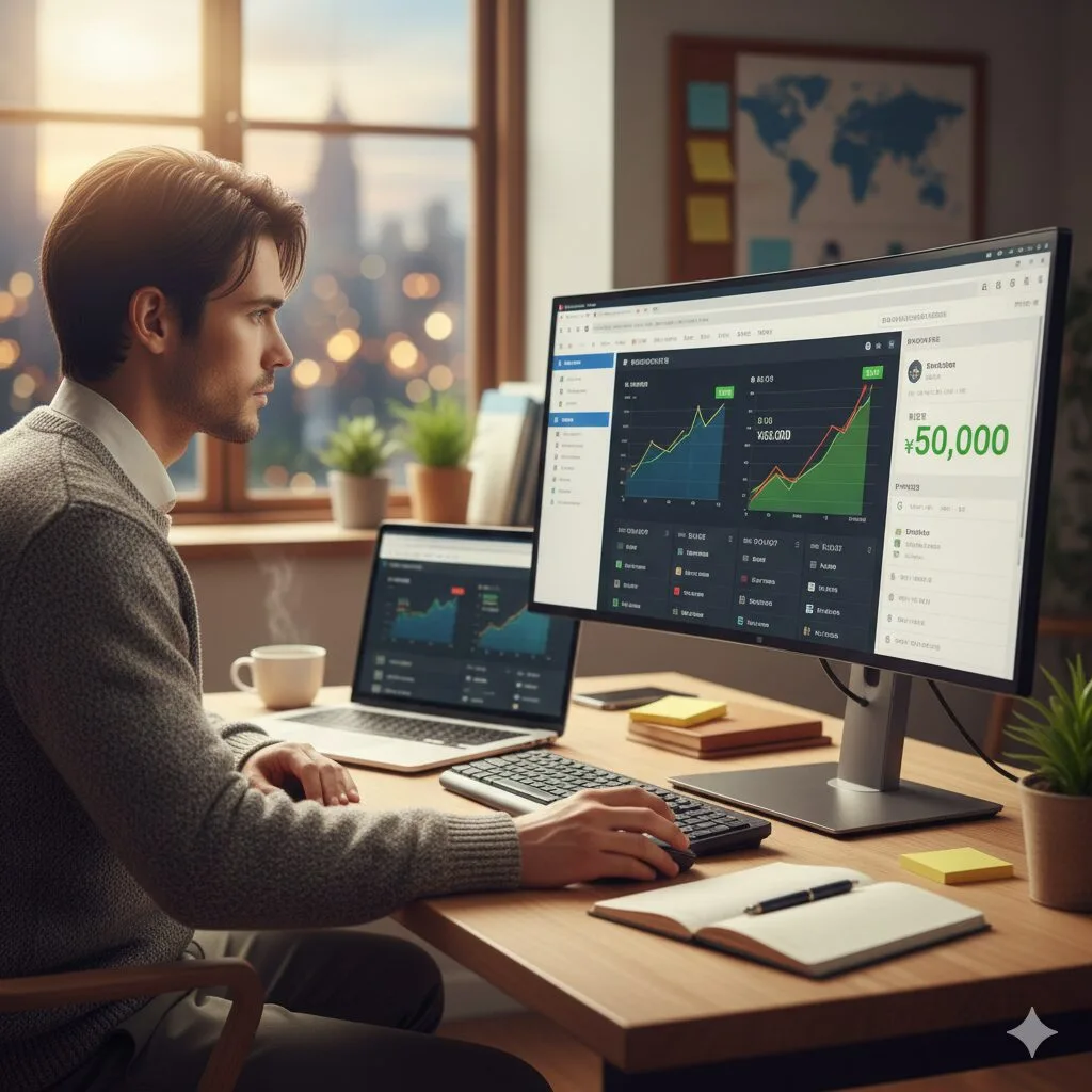 ブログ初心者がパソコンを使って月5万円の収益を目指している画像