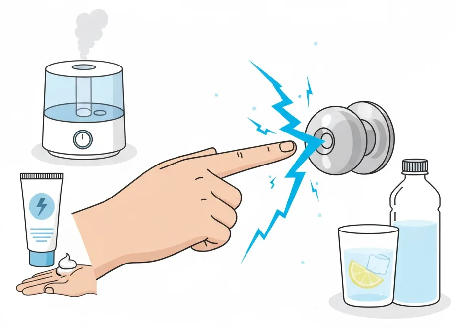 ドアノブを触ろうとする指先に青い電気が走るイラスト。加湿器、ハンドクリーム、水分補給のイラストを添え、静電気の原因と対策を視覚的に訴求。
