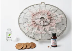 加湿器のフィルターに付いた白いカルキとピンクのぬめり（雑菌）のクローズアップ画像。横にクエン酸と塩素系漂白剤のアイコン、10円玉が配置されている。