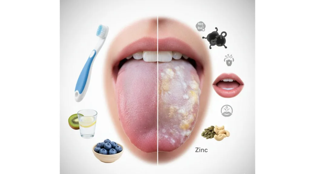 健康な舌と白い舌苔（ぜったい）が付着した舌の比較。舌ブラシと水、健康的な食材（亜鉛、ビタミンC）のイメージ