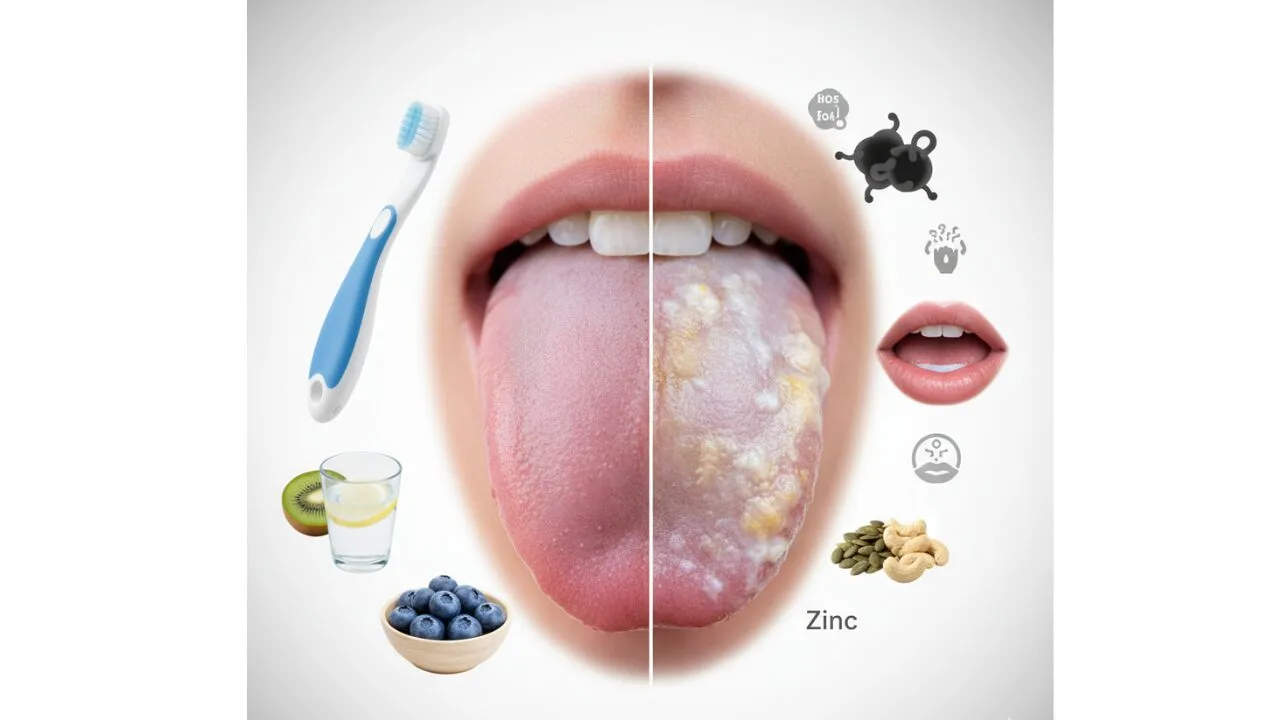 健康な舌と白い舌苔（ぜったい）が付着した舌の比較。舌ブラシと水、健康的な食材（亜鉛、ビタミンC）のイメージ