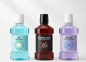 3種類のうがい薬（CPC・ヨード・アズレンのボトル）が並べられ、成分の得意な分野をアイコン（細菌、喉、歯）で対比させている画像。歯科医師監修の信頼性を強調。