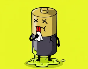 液漏れした乾電池の可愛らしいキャラクターイラスト。黄色い背景。