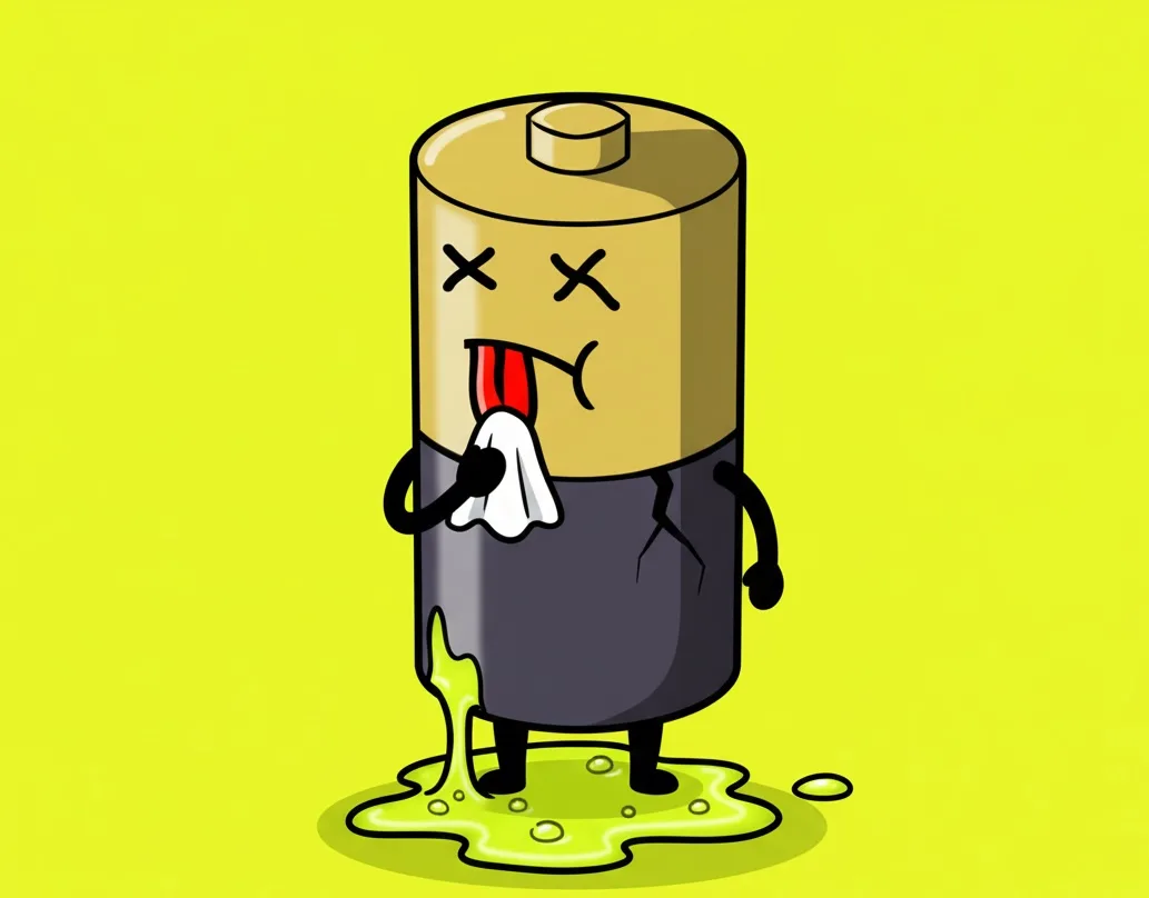 液漏れした乾電池の可愛らしいキャラクターイラスト。黄色い背景。