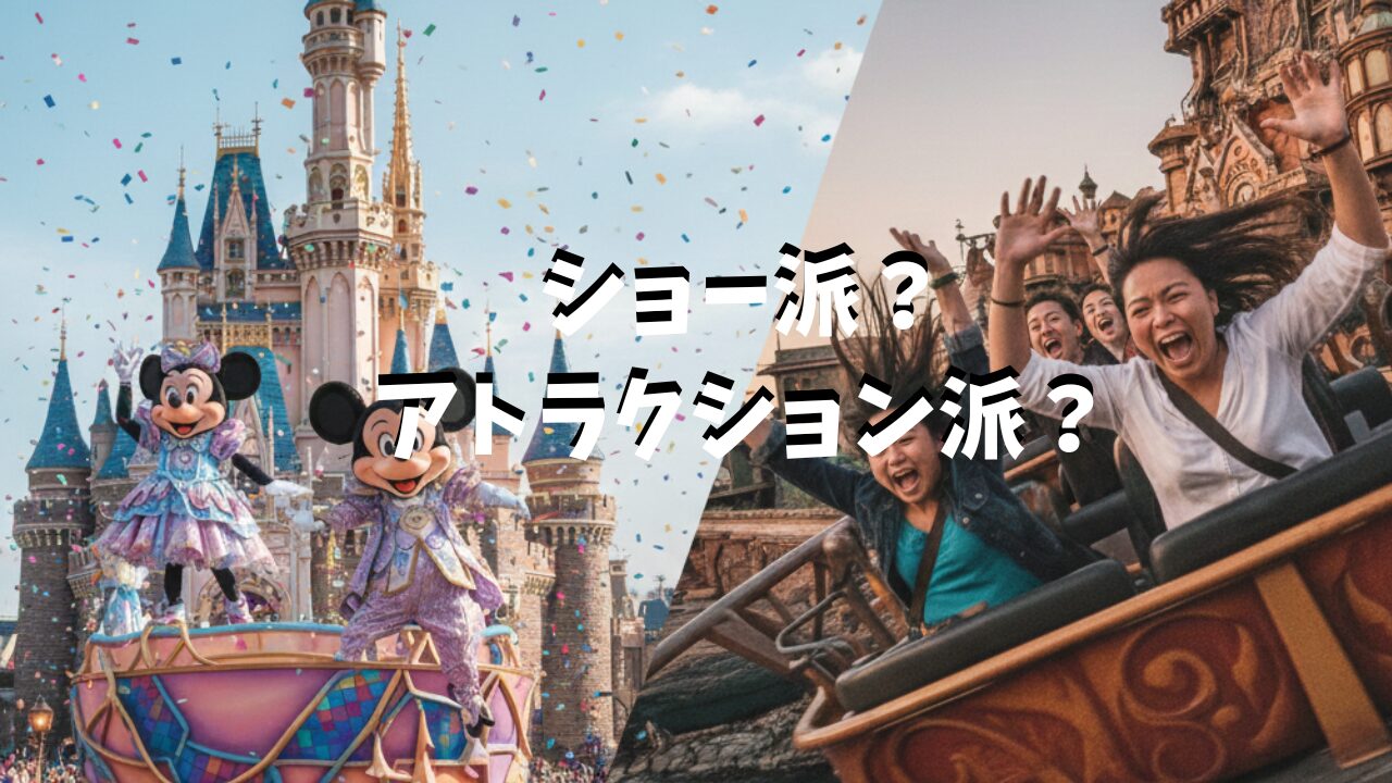 華やかなショーの鑑賞風景と人気アトラクションの疾走感を左右に並べた画像。ディズニーリゾートの訪問計画を完璧にするためのプランニング術を解説するブログ記事のアイキャッチ。