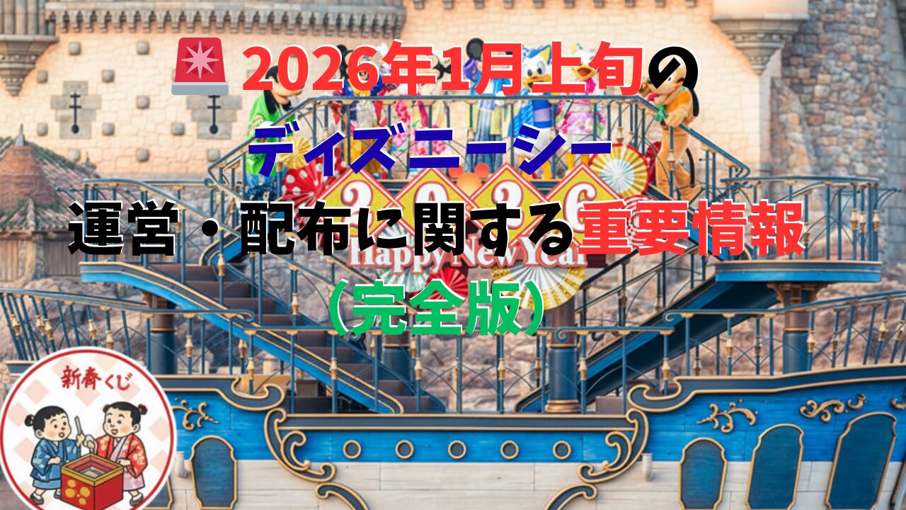 和服姿のミッキーマウスとミニーマウス、および「2026新春くじ」のイメージ。2026年1月1日～12日のディズニーシーの混雑・休止・攻略情報を解説するブログ記事のアイキャッチ。