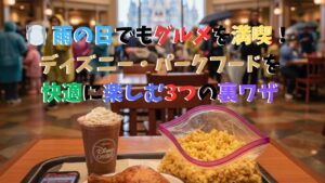 ディズニーのレストラン（屋内）でモバイルオーダーしたホットフードとドリンク、ジップロックに入ったポップコーン、広い客席の写真