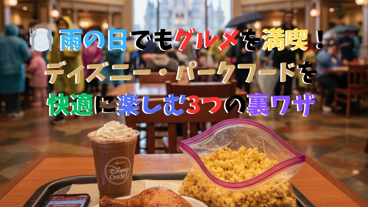 ディズニーのレストラン（屋内）でモバイルオーダーしたホットフードとドリンク、ジップロックに入ったポップコーン、広い客席の写真