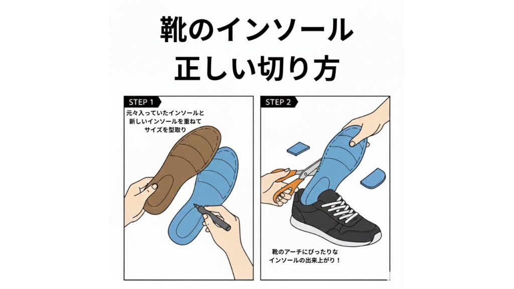 靴のインソールを正しく入れ替えるイメージ図。元のインソールを型紙にして新しい中敷きをカットする様子。