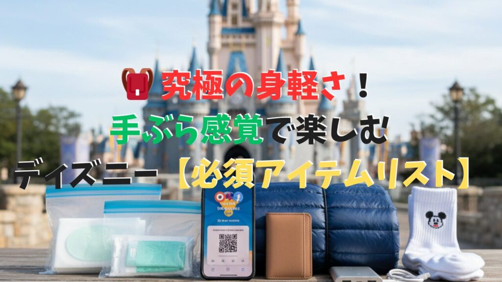 ディズニーチケットを読み込んだスマホ、極小カードケース、折りたたまれたジップロック、小さくまとまるアウターなど、最小限に厳選された持ち物一式