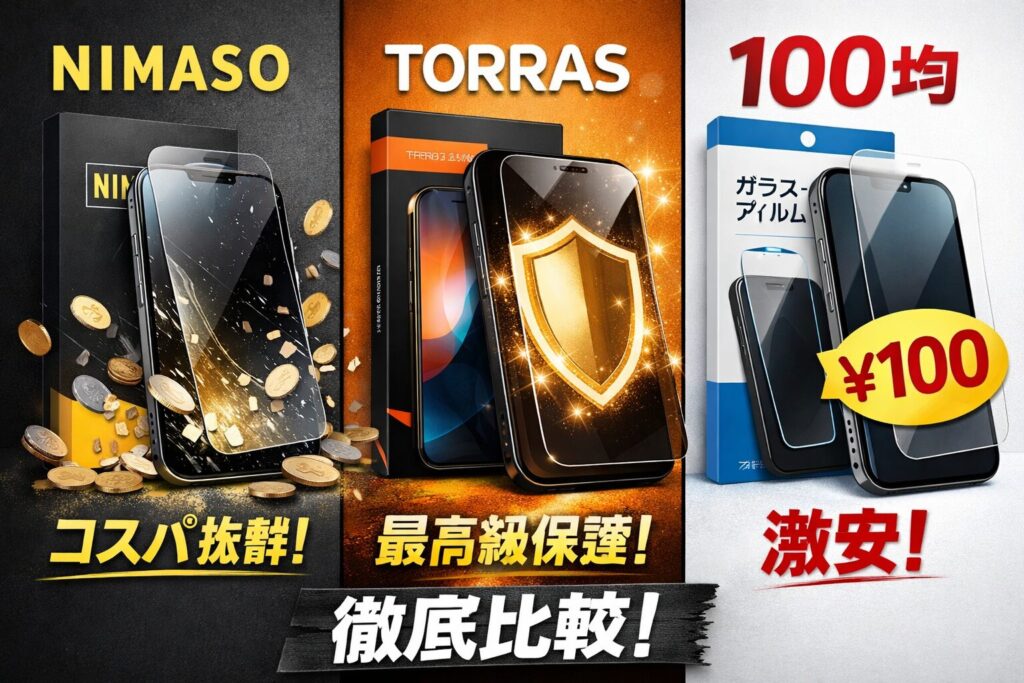 NIMASO、TORRAS、100均のiPhoneガラスフィルムを比較したイメージ画像。コスパ、最高級保護、激安の3つの特徴を対比。