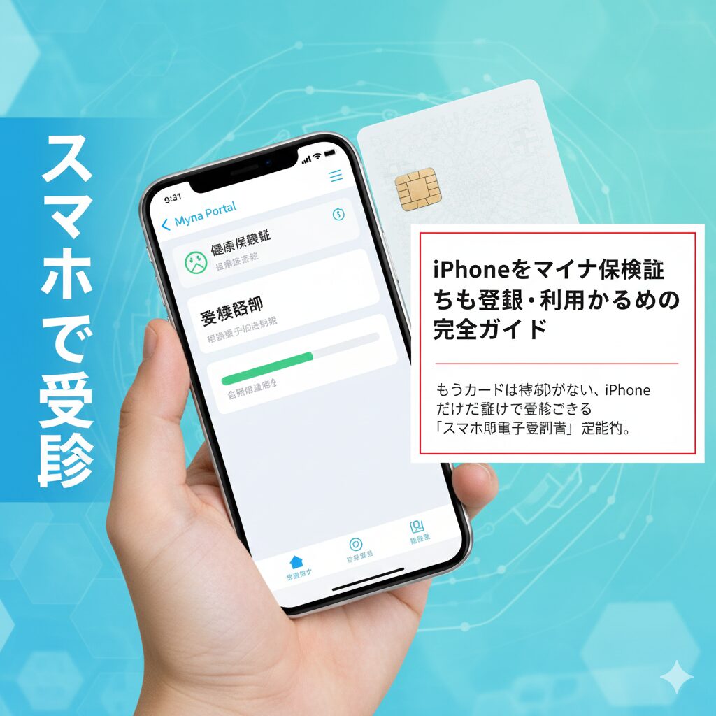 iPhoneの背面にマイナンバーカードをかざして、健康保険証の読み取り設定を行っている様子。