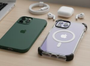 iPhoneの純正シリコンケースと非純正の耐衝撃ケースを並べて比較している画像。
