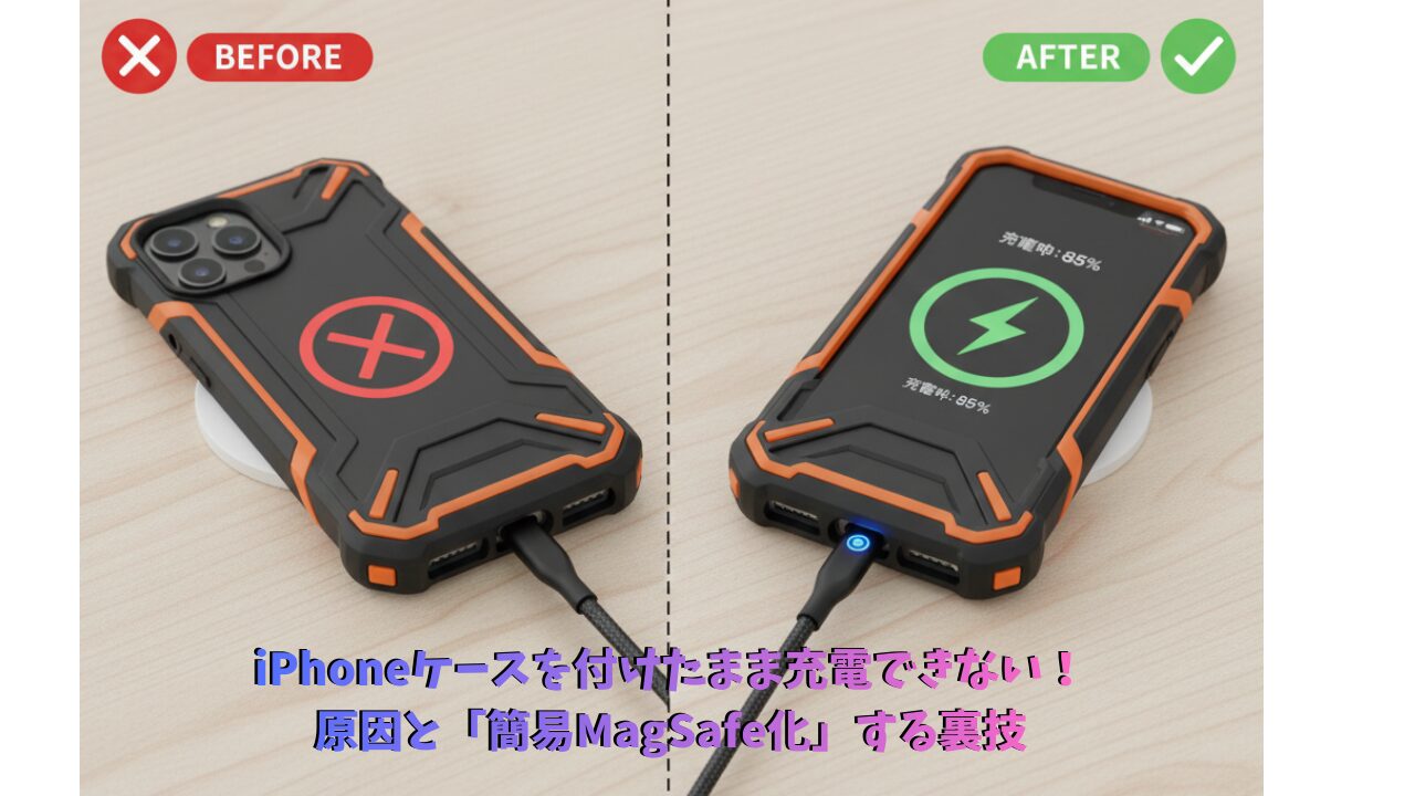 厚手のiPhoneケースを付けたまま、マグネット式のUSB-Cケーブルが「カチッ」と吸着して充電が始まっている様子。