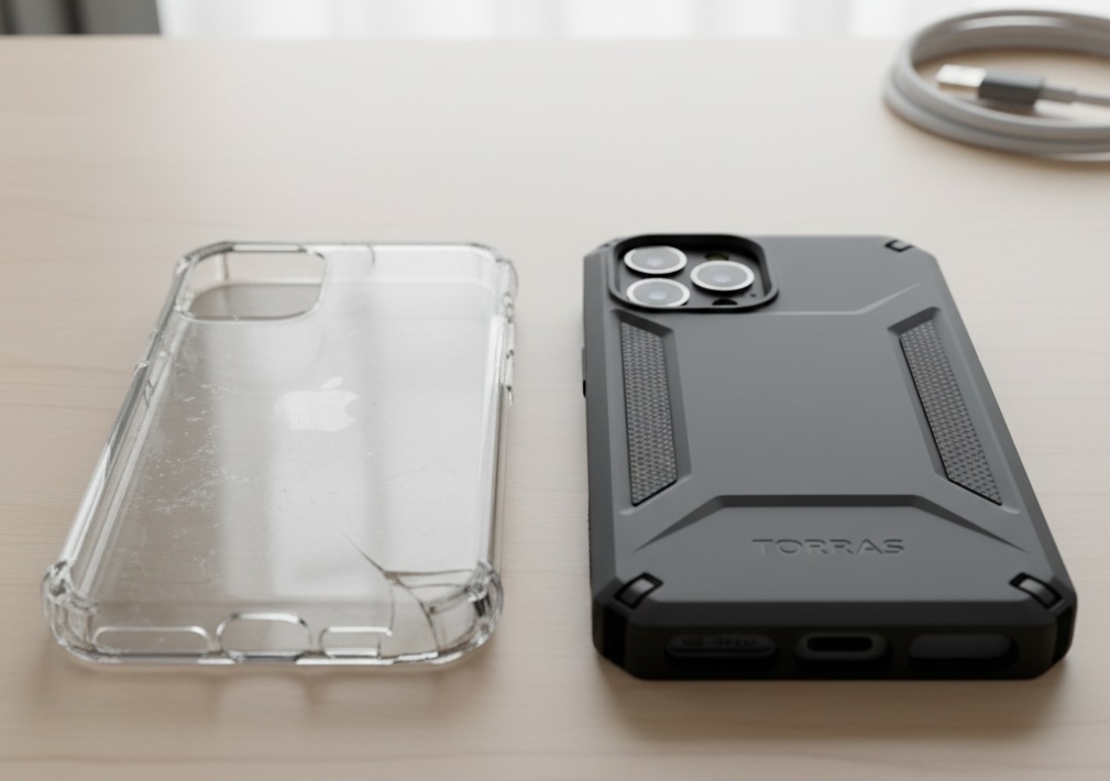 ボロボロになった古いスマホケースと、新品の頑丈なハイブリッドケースの比較イメージ。
