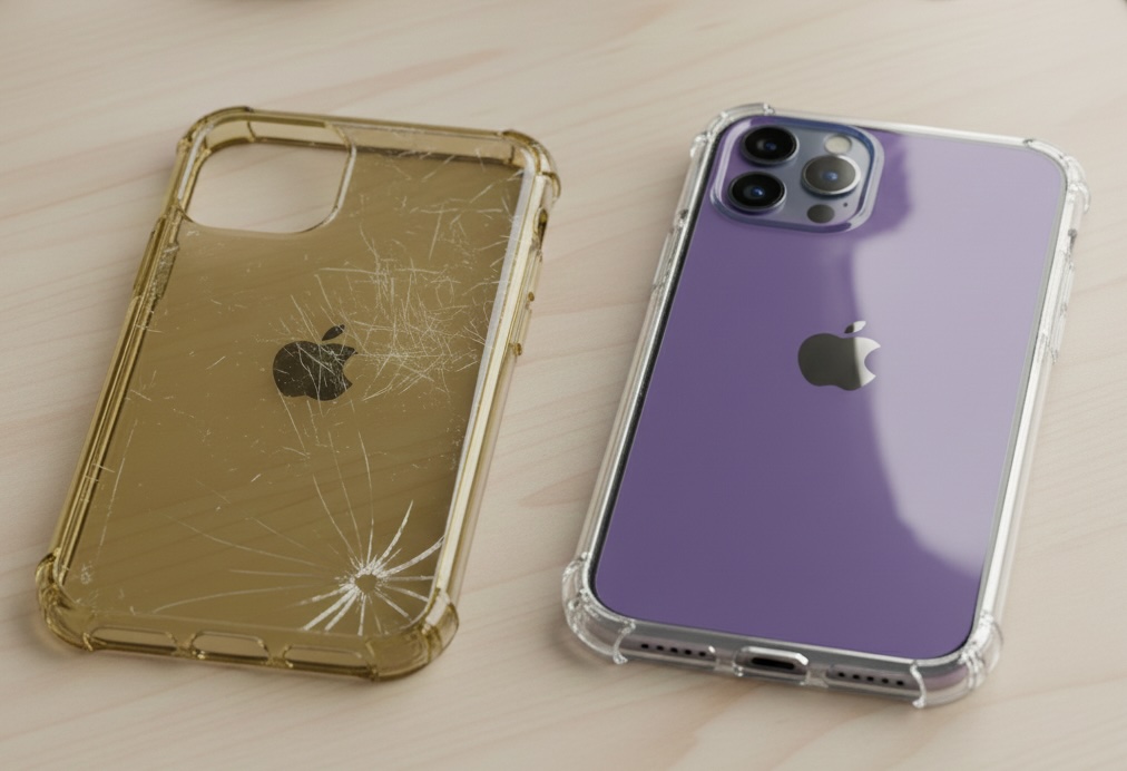 黄ばんでボロボロになった古い透明なスマホケースと、新品の透明感あふれる高品質ケースの比較。