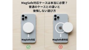 MagSafe対応ケースの裏側にある強力な磁石（N52）のイメージ図と、磁力が弱くてアクセサリーが落ちそうなケースの比較。