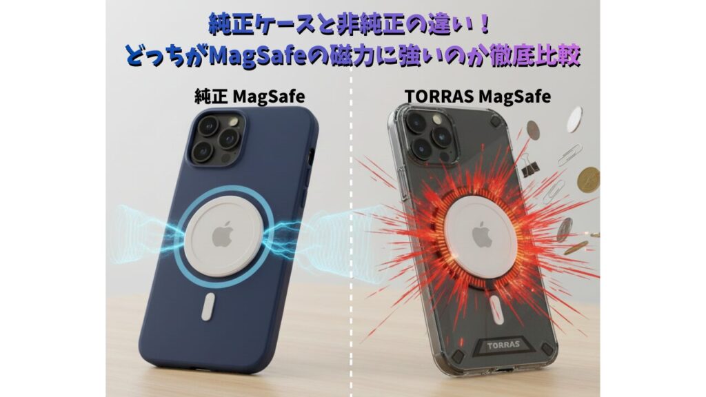 Apple純正ケースと、磁力強化を謳う非純正ケース（TORRASなど）が、MagSafeアクセサリーを吸着している様子の比較。